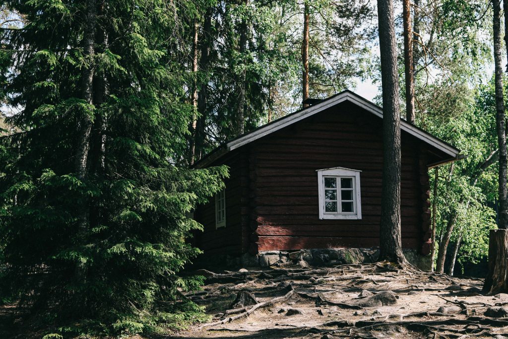 Helvetinjärvi National Park. A log cabin in Helvetinjärvi National Park, surrounded by tall fir trees.